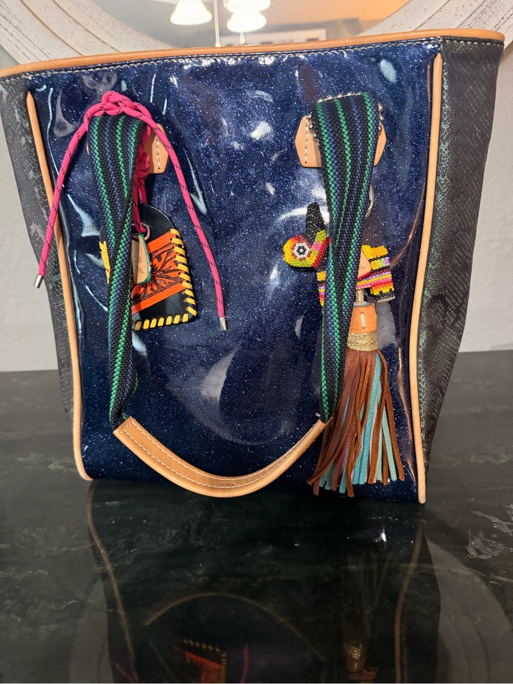 Consuela Glittery Navy Patent Chica Tote Bag with Multicolor Accents - Picture 3 of 8